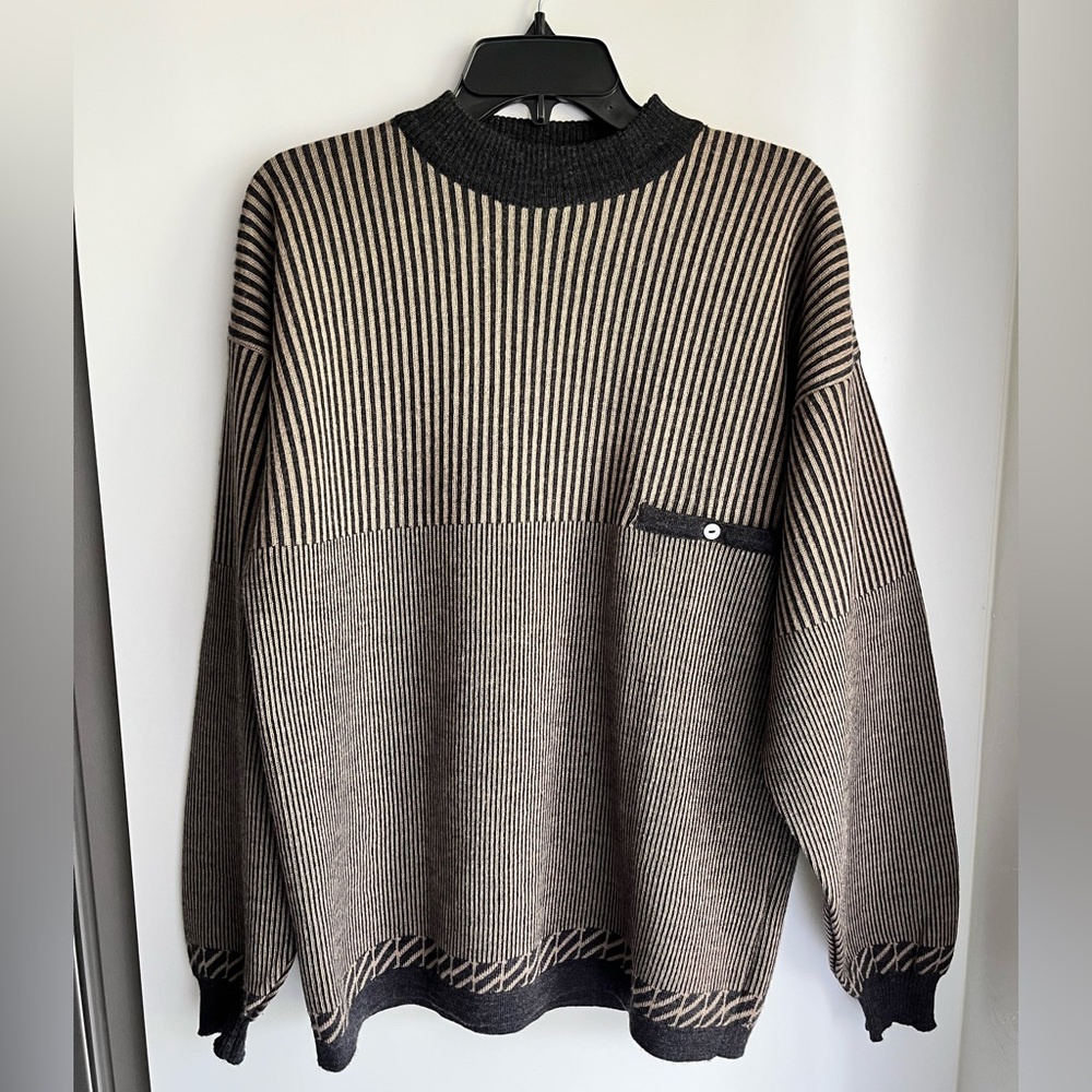 Vintage Tan & Dark Gray Striped Ottimo Pullover Sweater Size L 100% Wool
